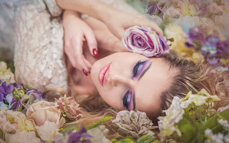 Beauty, model, rose, woman, magdalena kozlowicz, girl, hand, flower, summer, face, pink, HD wallpaper