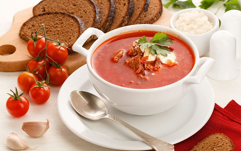 Tomato Soup, red, delicious, food, tomatoe, bread, soup, garlic, HD wallpaper