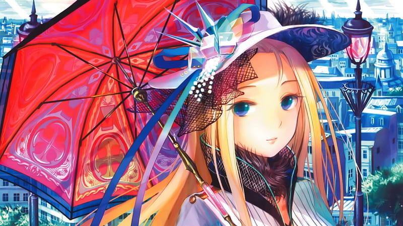 umbrella, cute, pretty, dress, girl, anime, hat, HD wallpaper