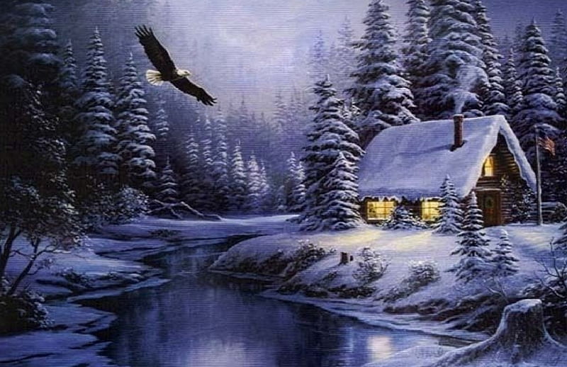 Winter Cabin, eagle, river, cabin, snow, HD wallpaper