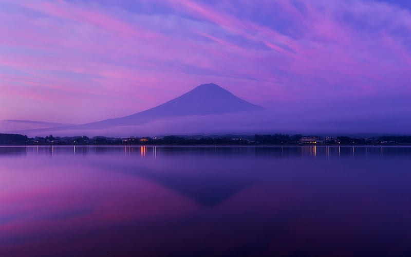 Mt. Fuji, sky, clouds, lake, mountain, japan, purple, nature, evening, fuji, HD wallpaper