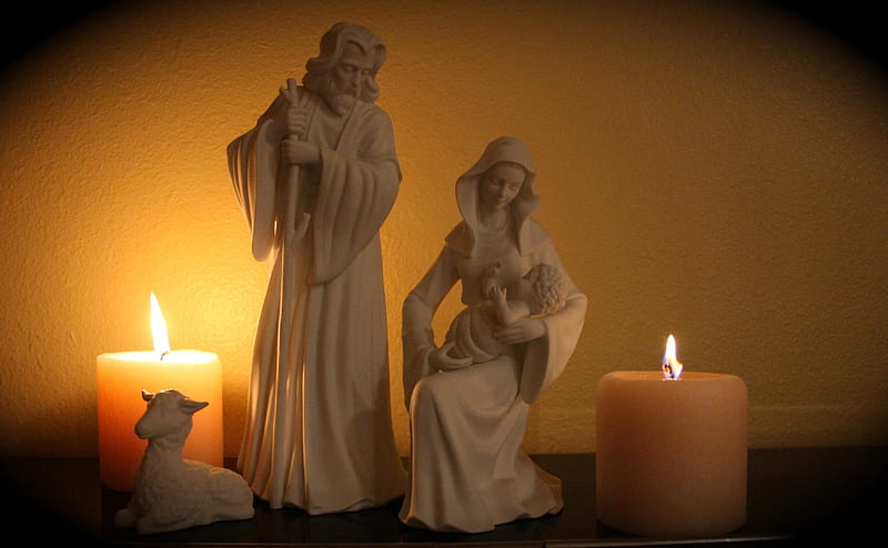 The Holy Family , family, birth, christmas, candles, jesus, holy, joseph, love, mary, HD wallpaper