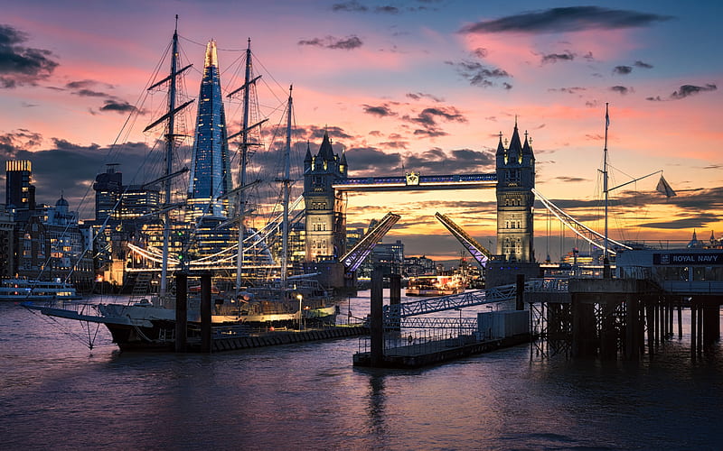 London, evening, sunset, Tower Bridge, Thames River, England, London sights, United Kingdom, HD wallpaper