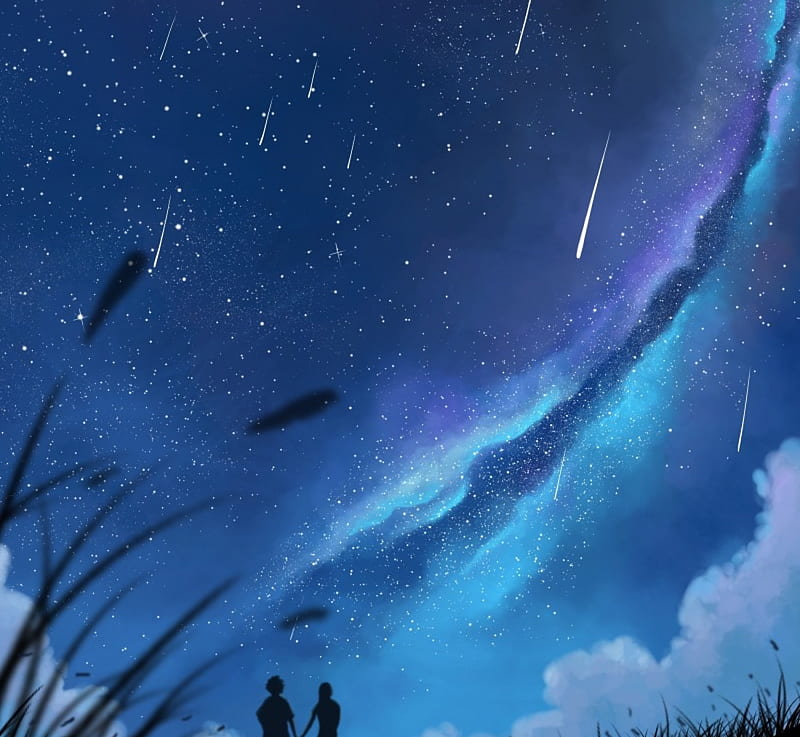 Starry night, stars, luminos, comet, manga, dias mardianto, sky, donsaid, anime, couple, blue, HD wallpaper
