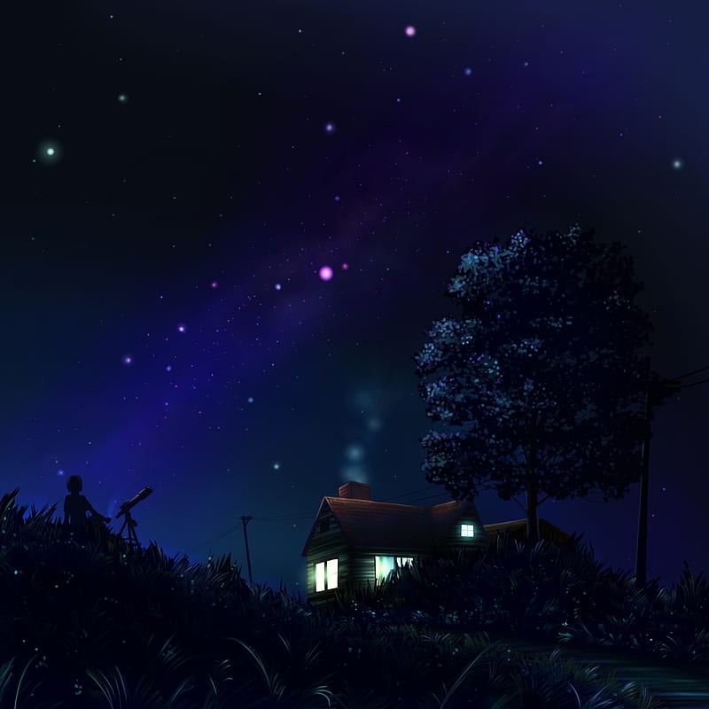 astronomer, silhouette, house, night, stars, art, HD phone wallpaper