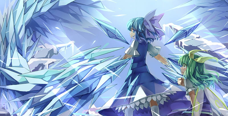 I'll Protect You, cirno, wings, kneehighs, green eyes, daiyousei, bow, short hair, blue hair, crying, anime, touhou, tears, ice, green hair, blue eyes, friends, HD wallpaper