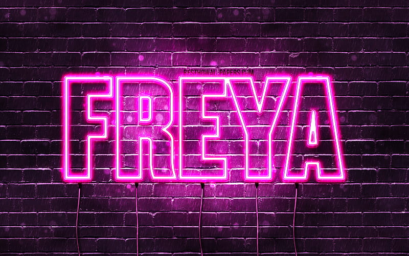 Freya with names, female names, Freya name, purple neon lights, horizontal text, with Freya name, HD wallpaper