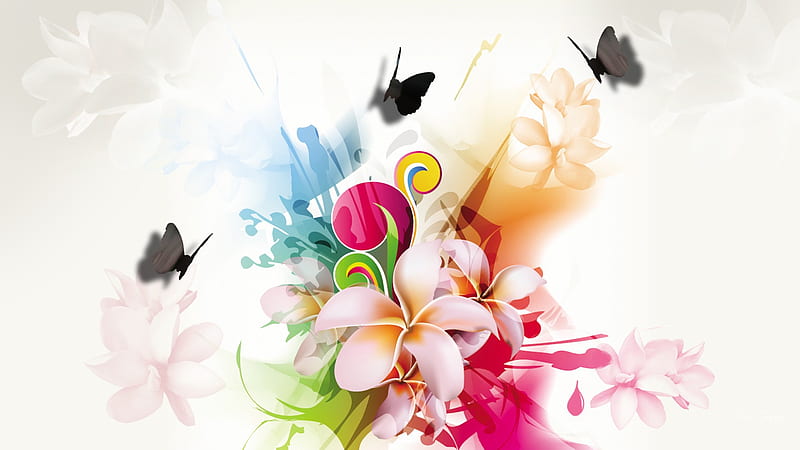 Frangipani Splash, splash, frangipani, bright, plumeria, color, butterflies, abstract, vector, HD wallpaper