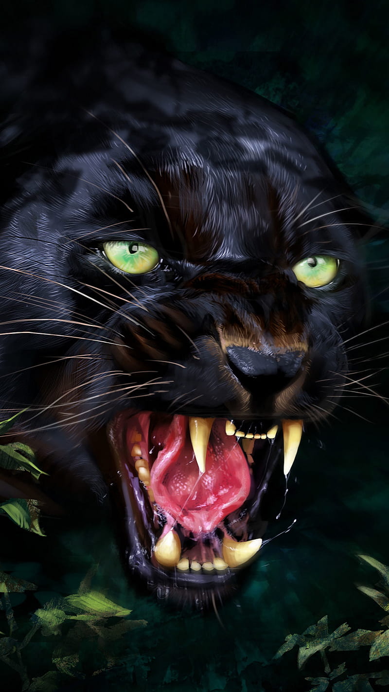 Black panther, big, cat, angry, teeth, face, green eyes, HD phone wallpaper