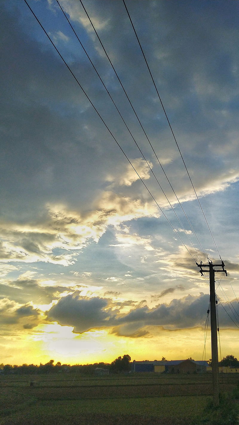 Nature 1, cloud, evening, golden hour, sky, sun, sunset, village, HD phone wallpaper