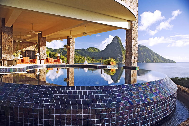 Beautiful View - St Lucia Paradise Island Caribbean West Indies, architecture, st lucia, sea, mountain, modern, mid century, room, luxury, hotel, exotic, view, ocean, swimming pool, vista, hot tub, caribbean, suite, paradise, west indies, spa, jacuzzi, tropical, HD wallpaper