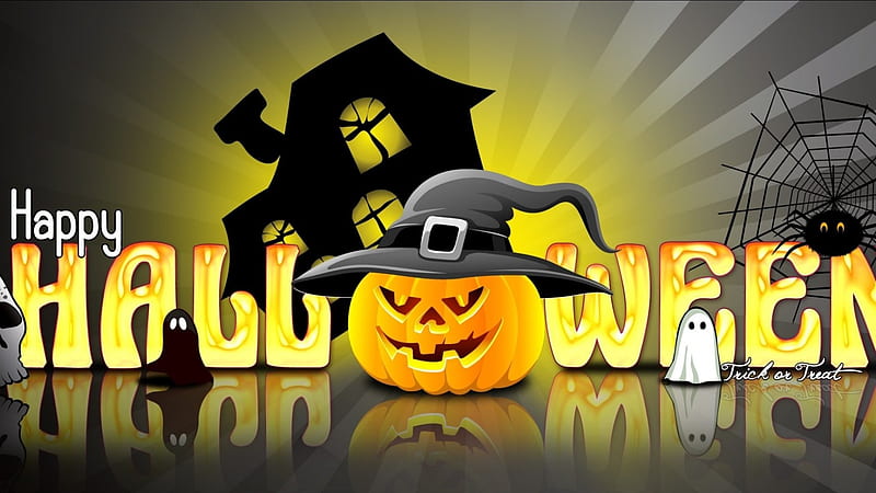 Happy halloween, house, trick or treat, jack o lantern, spider, witches hat, spider web, hat, ghosts, rays, web, pumpkin, Halloween, reflection, skull, HD wallpaper