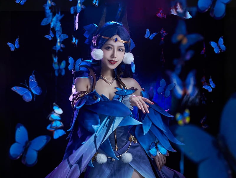 Diao Chan, frumusete, luminos, model, cosplay, game, woman, fantasy, girl, butterfly, asian, blue, king of glory, HD wallpaper
