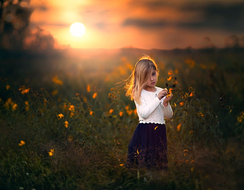 Cute Child Girl With Flowers Outdoors, little-girl, cute, children, flowers, HD wallpaper