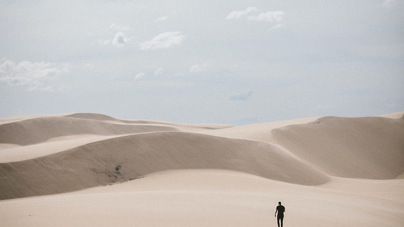 Person Is Walking On Desert Under Blue Sky Alone, HD wallpaper