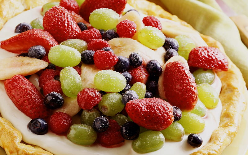 Fruit salad, grape, delicious, strawberry, blueberry, macro, tasty, vanilla, dessert, HD wallpaper