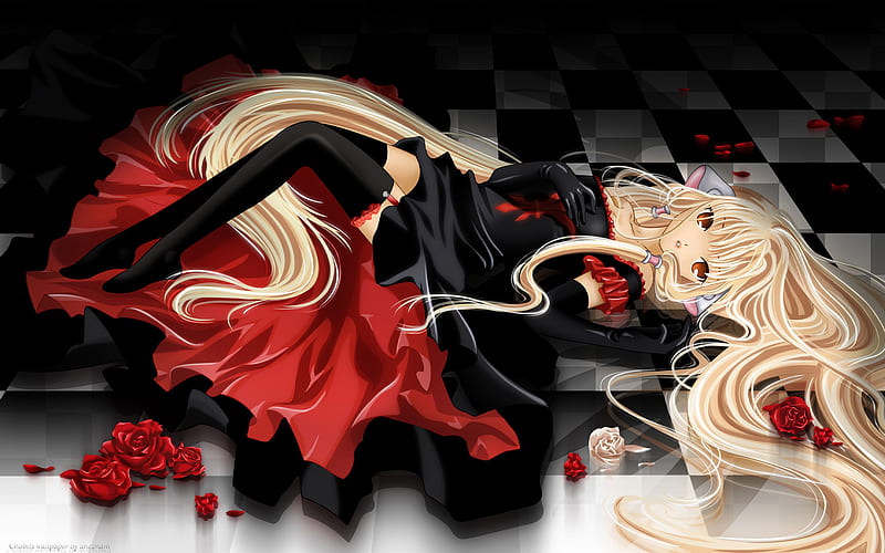 Chii, red, checkerboard, , black, lolita, roses, sexy, android, gothic, dark, tiles, HD wallpaper