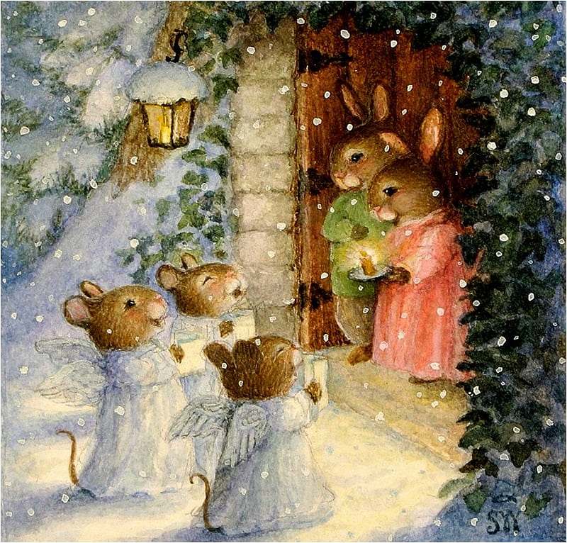 By Susan Wheeler, susan wheeler, cute, art, oil, christmas, snow, angel, bunny, HD wallpaper