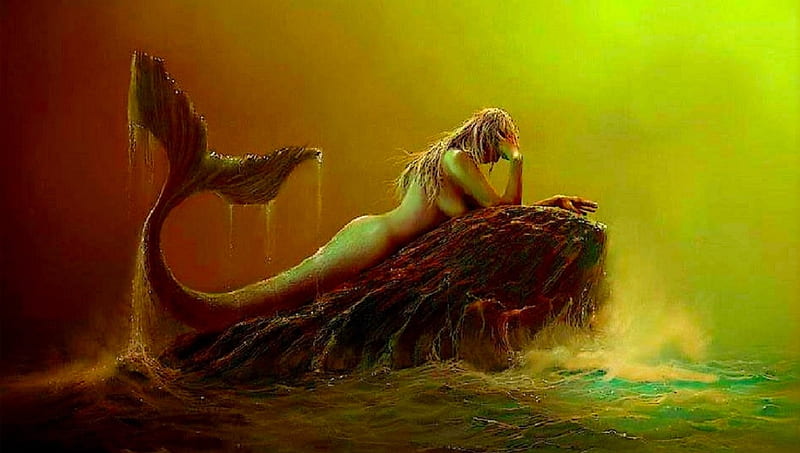 Mermaid on the Rock, art, fantasy, rock, girl, mermaid, digital, siren, woman, HD wallpaper