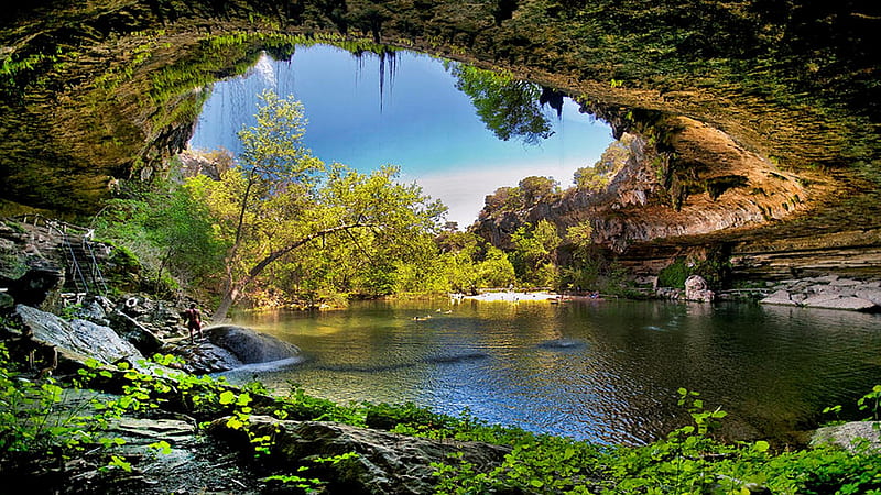 Hamilton Pool, Texas, rocks, arch, landscape, trees, stones, usa, HD wallpaper