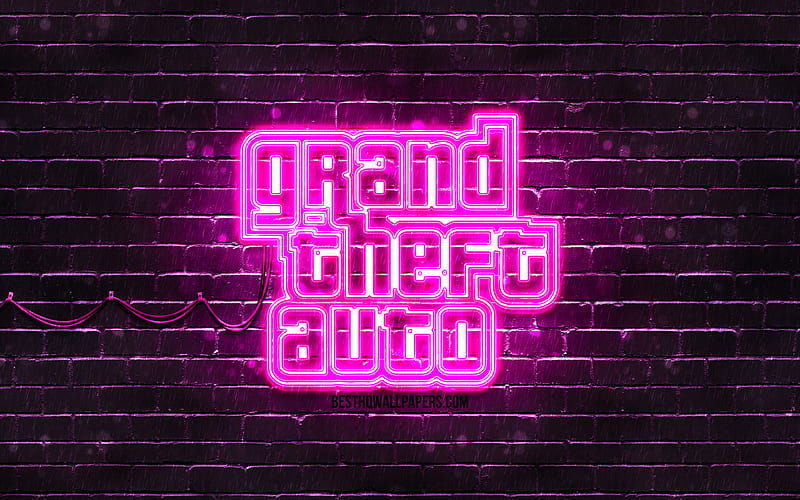 GTA purple logo purple brickwall, Grand Theft Auto, GTA logo, GTA neon logo, GTA, Grand Theft Auto logo, HD wallpaper
