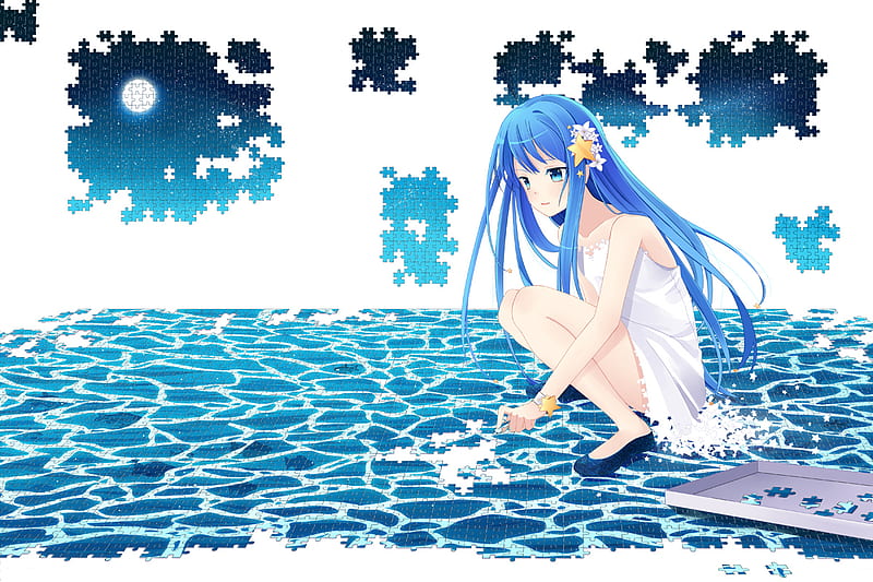 Complete the puzzle, jigsaw, white, blue, anime, HD wallpaper