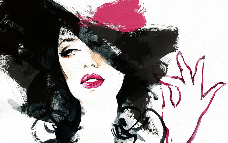 Woman, art, black, hat, girl, drawing, lady, white, pink, HD wallpaper