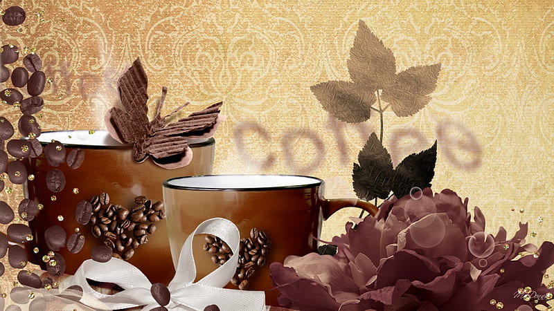 Coffee with a Friend, joe, cafe, brown, java, beans, ribbon, collage, leaves, butterfly, coffee, flowers, cups, HD wallpaper