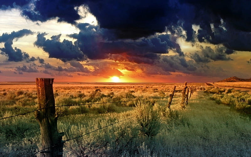 Beautiful sunset on the horizon, grass, barbwire fence, country side, clouds, posts, HD wallpaper