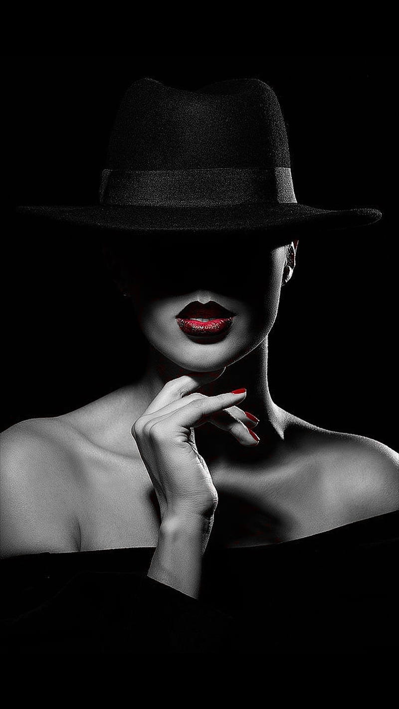 B and W, beauty, black and white, bw, dark portrait, red lips, red nails, woman, HD phone wallpaper