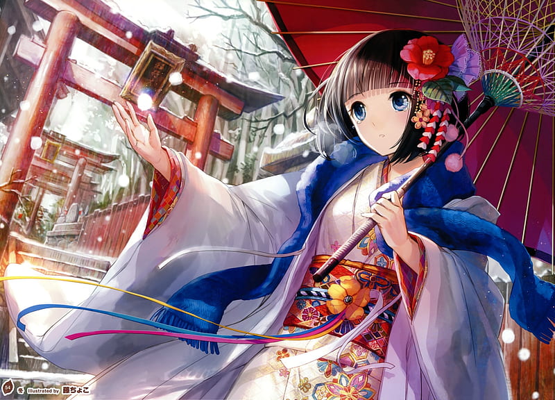 Girl, red, fuji chocko, anime, umbrella, manga, blue, HD wallpaper