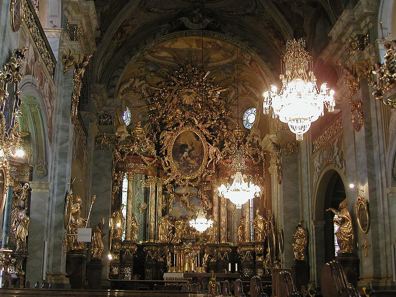 Church Interior Baroque Style, gold, statues, window, arch, copper, decorations, marble, HD wallpaper