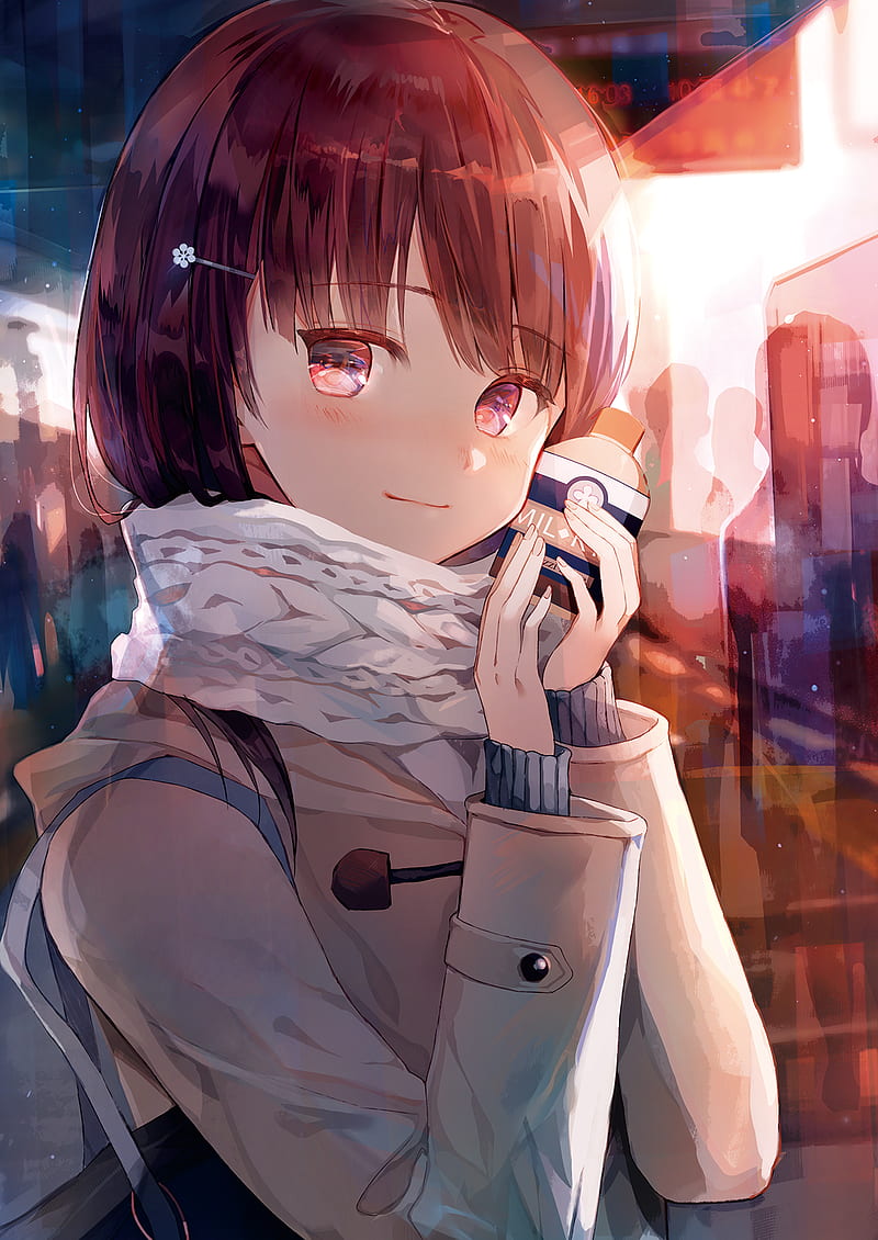 anime, anime girls, original characters, brunette, red eyes, scarf, Tlla, HD phone wallpaper