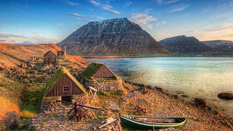 ancient fishing village in iceland r, boats, mountains, village, r, coast, HD wallpaper