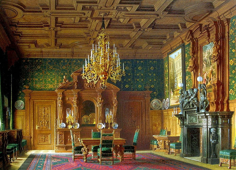 Castle Room, furniture, lamp, painting, digital, artwork, chimney, HD wallpaper