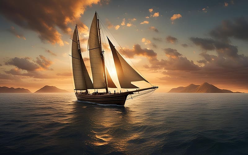 Sailboat, clouds, sea, sunset, yacht, AI art, HD wallpaper