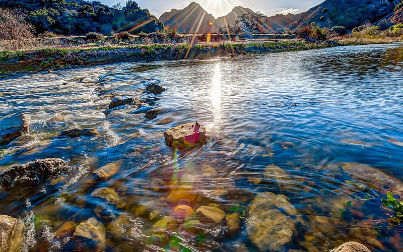 river, morning, stones, water, mountains, coast, Malibu, USA, HD wallpaper