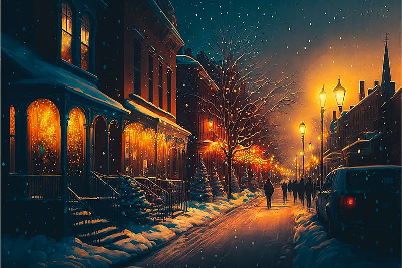 Winter evening, hazak, utca, teli, este, emberek, fenyek, HD wallpaper
