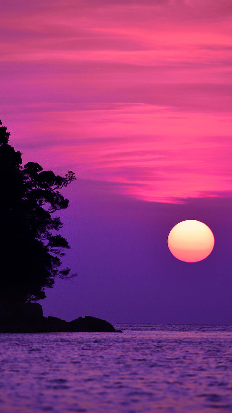 Sunset, landscape, pink, sea, sun, HD phone wallpaper
