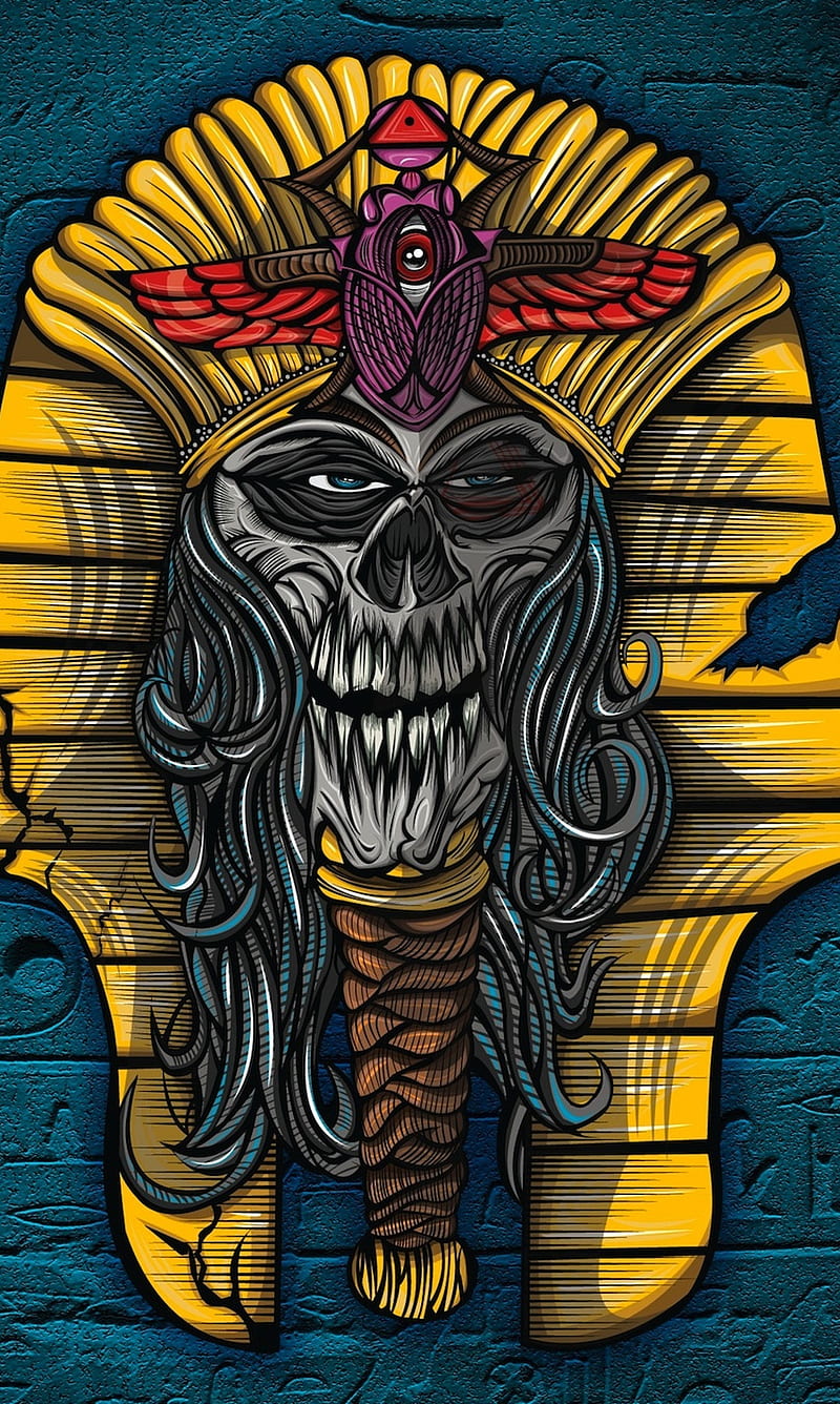desenho, amazing, blu, crown, drawn, gold, hair, long, pharaon, skull, HD phone wallpaper