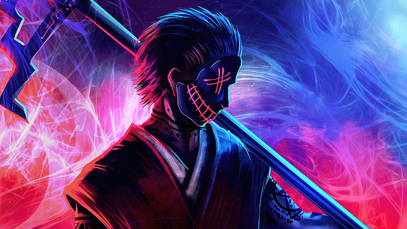 Grim Reaper Neon Guy , grim-reaper, mask, artist, artwork, digital-art, HD wallpaper