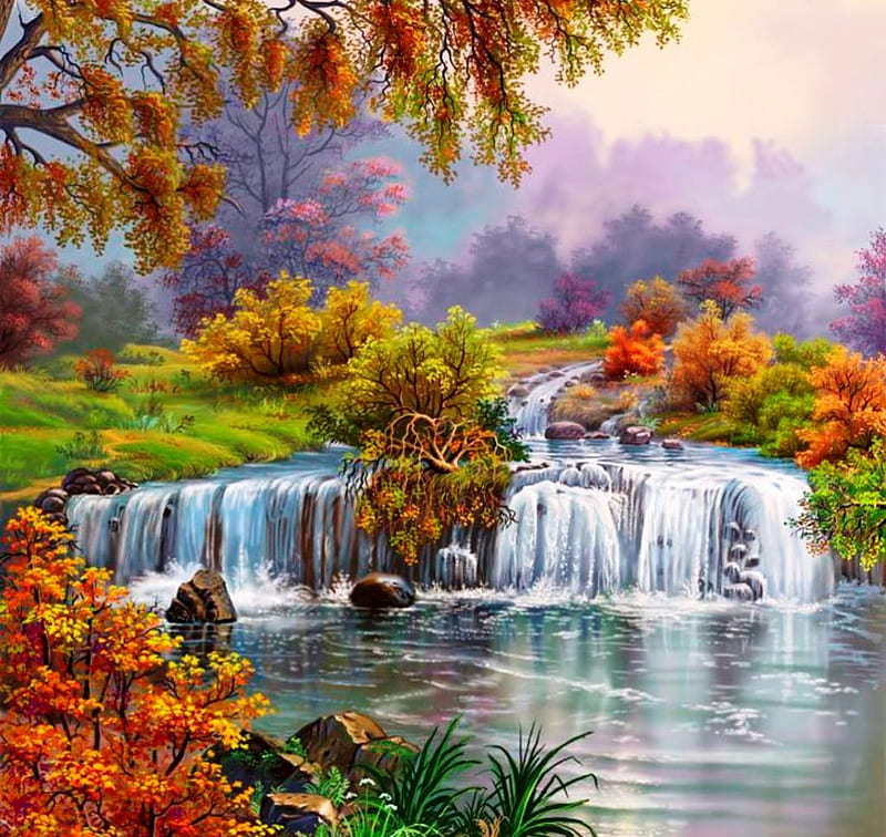 Waterfall in Autumn, painting, colors, river, trees, artwork, landscape, mist, HD wallpaper