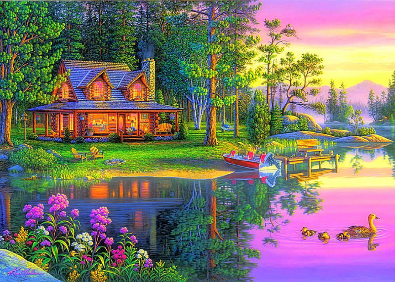 ★Purple Lakeside★, architecture, stunning, cottages, digital art, seasons, paintings, scenery, drawings, cabins, lakes, colors, love four seasons, places, creative pre-made, spring, cool, purple, nature, HD wallpaper