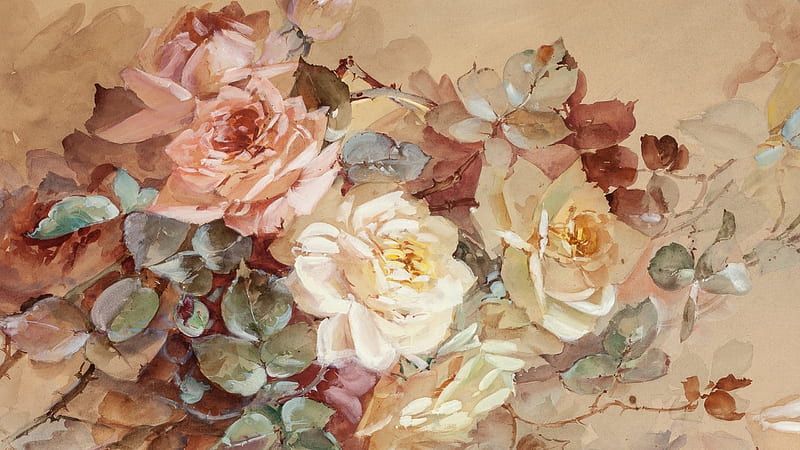 Roses, art, brown, rose, flower, painting, pink, pictura, franz a bischoff, HD  wallpaper | Peakpx