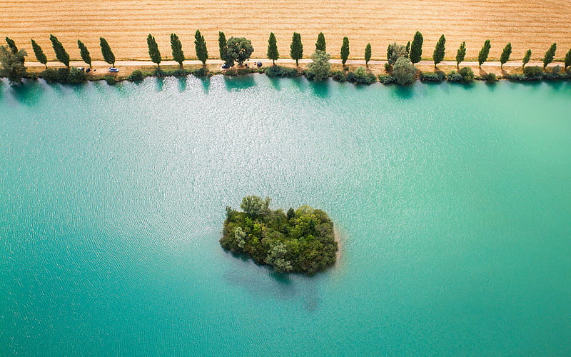 river, shore, tree, island, Yonne, Burgundy, France, HD wallpaper