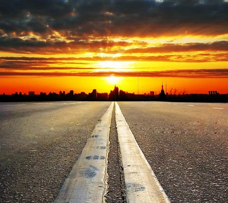 Double Line Sunset, nice, road, sunset, view, HD wallpaper