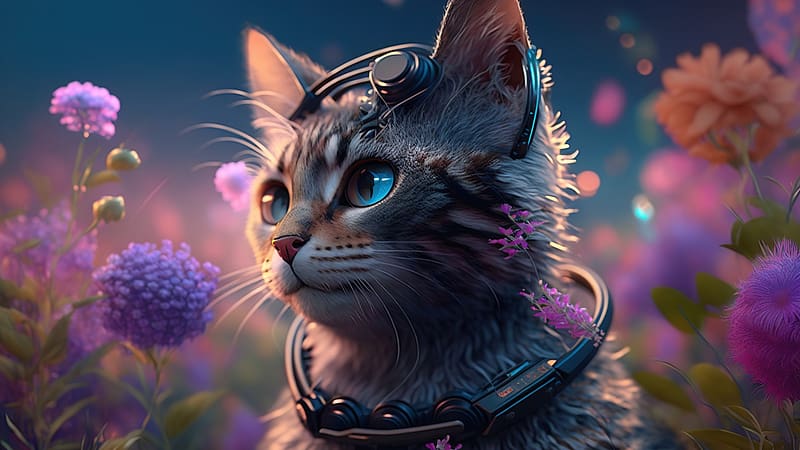 Cyber Cat with Giant Electro Flowers, kitten, digital, head, art, HD wallpaper
