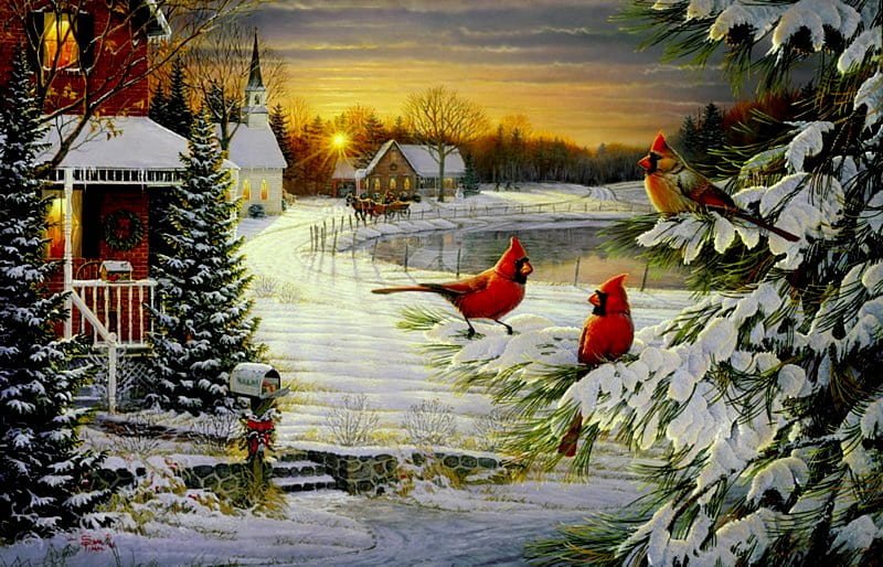 Cardinal's Christmas, wreath, house, christmas, holiday, birds, sunset, church, trees, winter, cardinals, snow, HD wallpaper