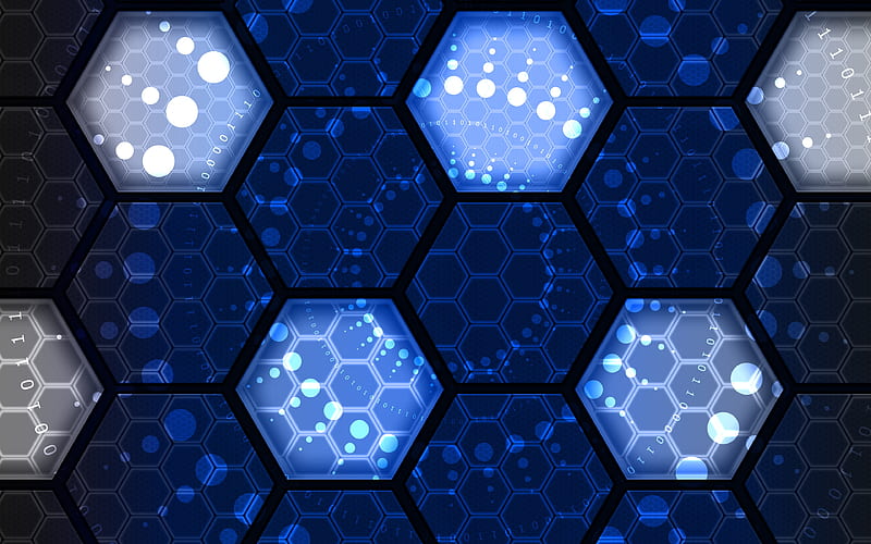 hexagons grid, abstract texture, grid pattern, geometric shapes, blue background, HD wallpaper