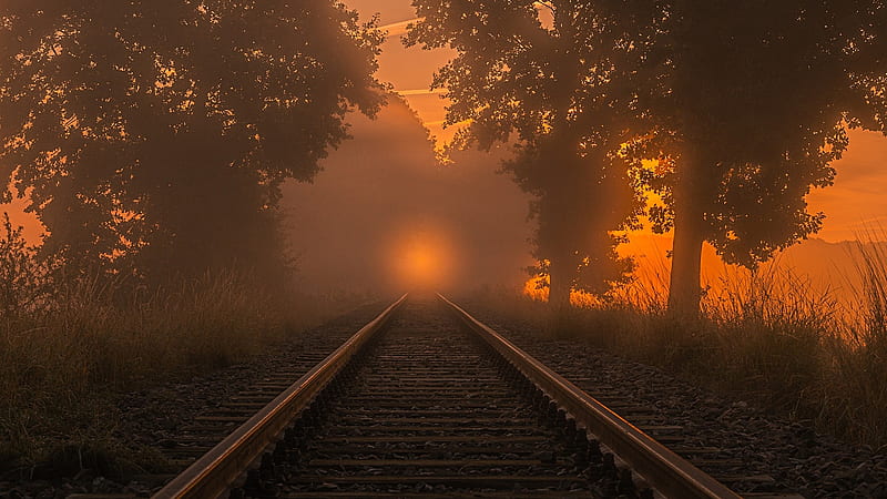 Foggy Sunset in northern Germany, colors, railroad, trees, landscape, HD wallpaper